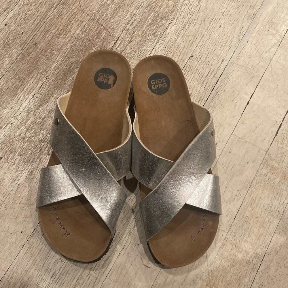 GIOSEPPO  METALLIC SILVER wedge CRISSCROSSED OPEN TOE MULES size 40